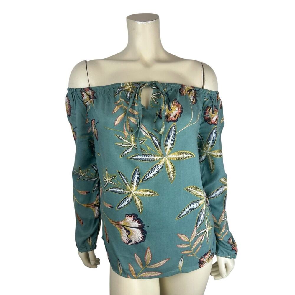 NEW Roxy Floral Print Off Shoulder Top Size S Long Sleeve Green Tie Front Small